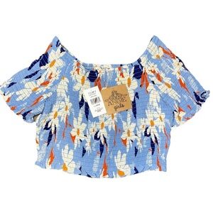 Angie Girls Shirt Crop Fitted Blue White Orange Smocked XL NWT